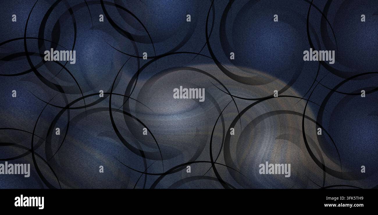 Dark abstract background featuring deep blue textured surfaces, black overlapping circular patterns, and subtle light swirls. Stock Photo