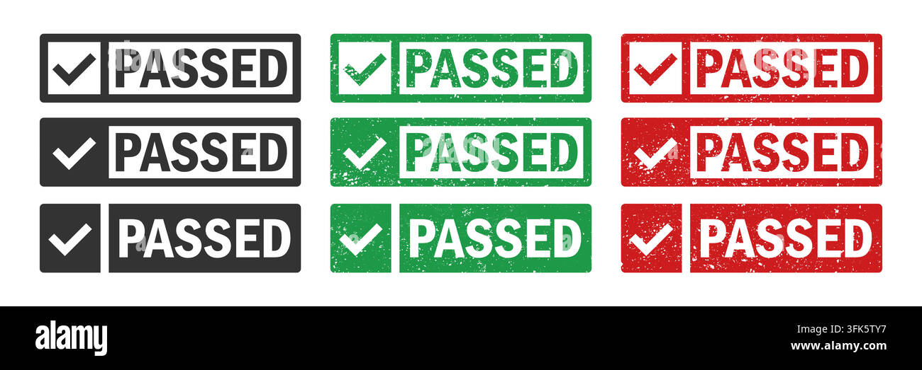 Passed stamp icons in bold colors and grunge textures, vector Stock Vector