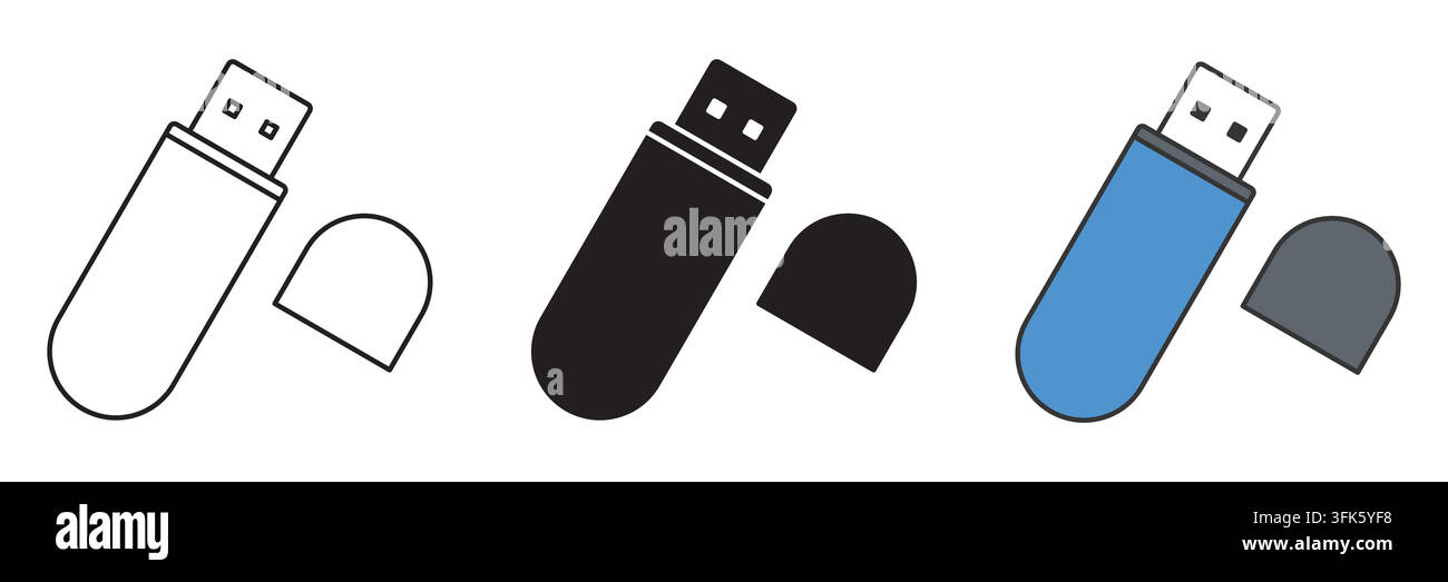 Usb flash drive designs: outline, solid, and colored variants Stock Vector