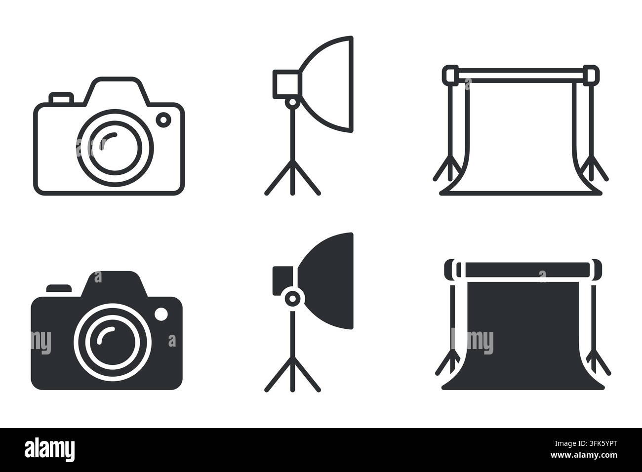 Camera lighting equipment and backdrop icon set for photography studios Stock Vector