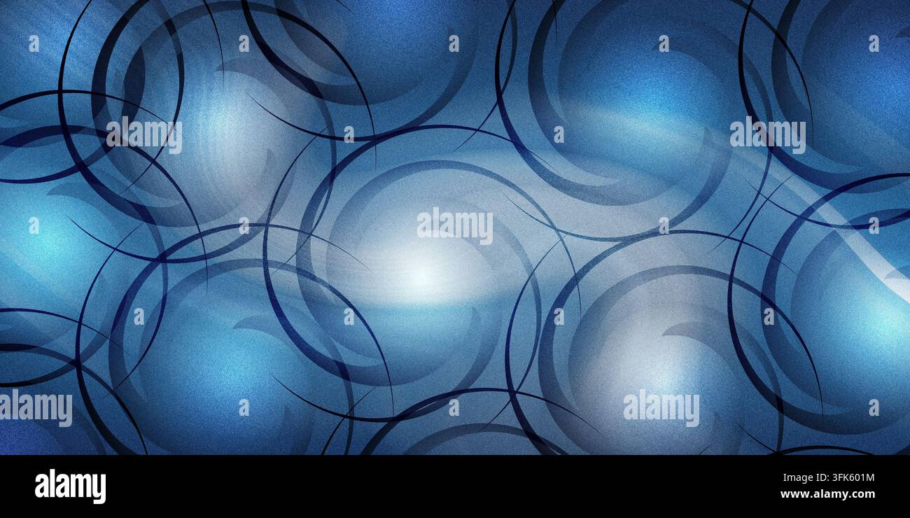 An energetic abstract blue background featuring interlocking dark circular patterns, textured gradients, and bright glowing light effects. Stock Photo