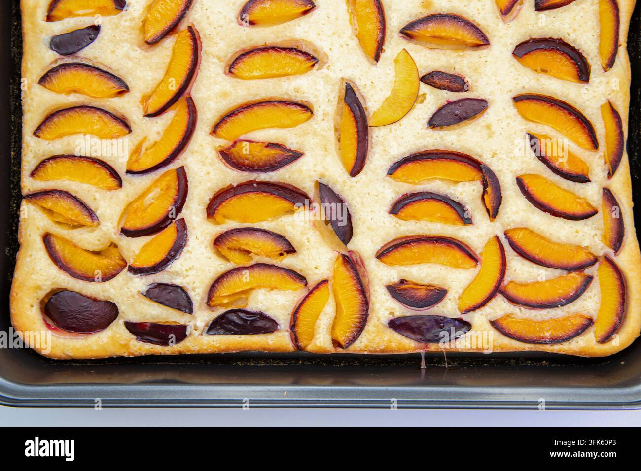 Homemade Plum Cake Baked in a Rectangular Pan on White Stock Photo
