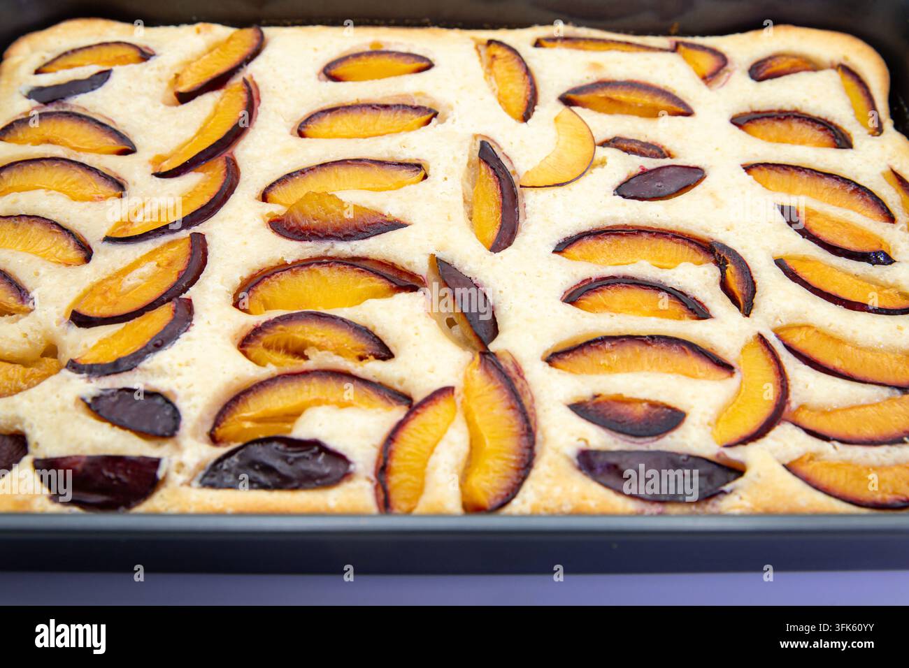 Homemade Plum Cake Baked in a Rectangular Pan on White Stock Photo