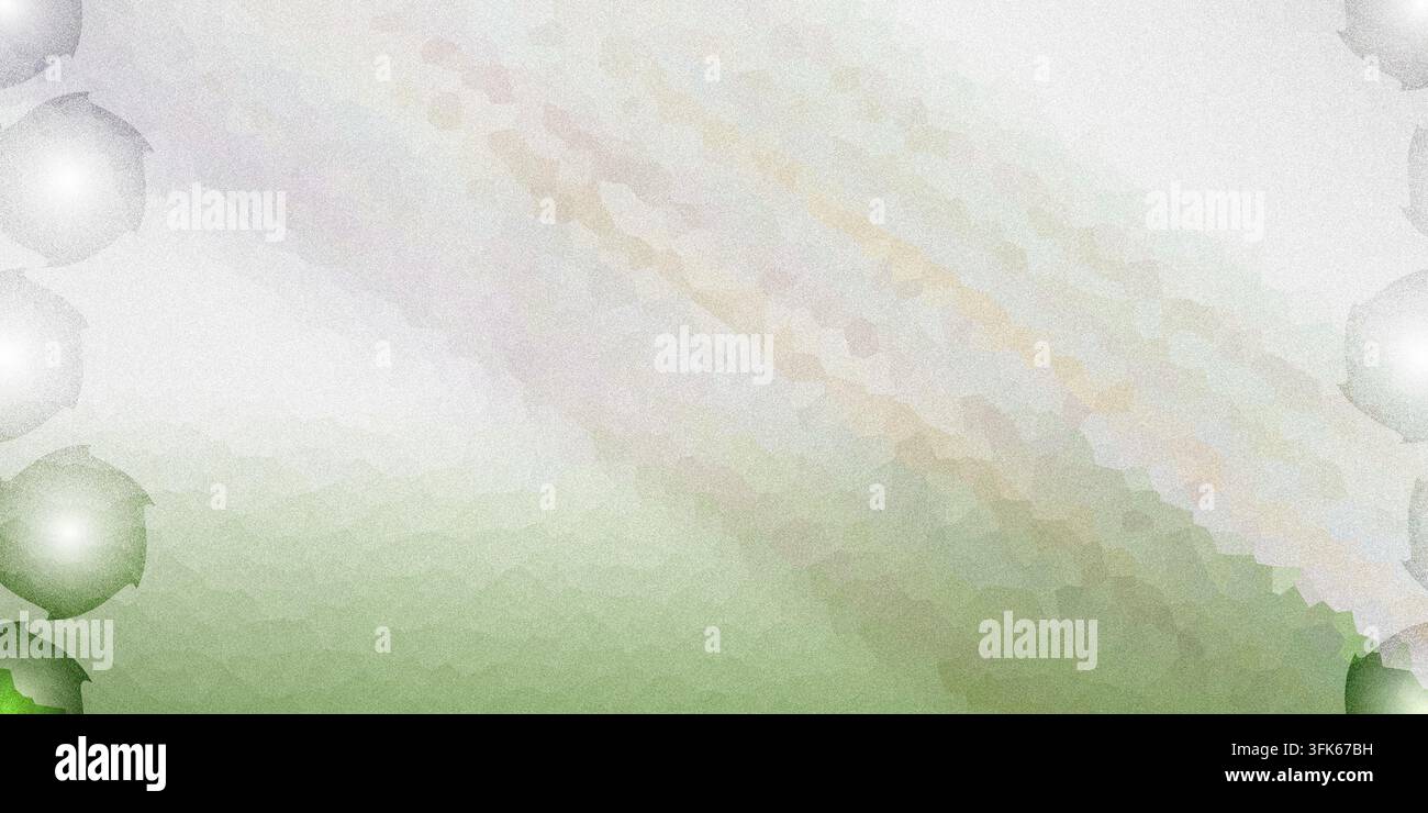 Abstract pastel green and white digital art background featuring a textured diagonal gradient pattern and glowing circular design elements along the l Stock Photo