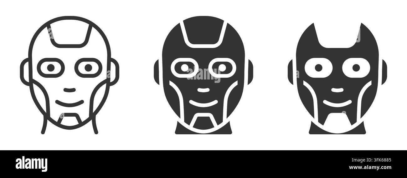 Monochrome robotic faces: three robot head icon variations. Vector illustration Stock Vector