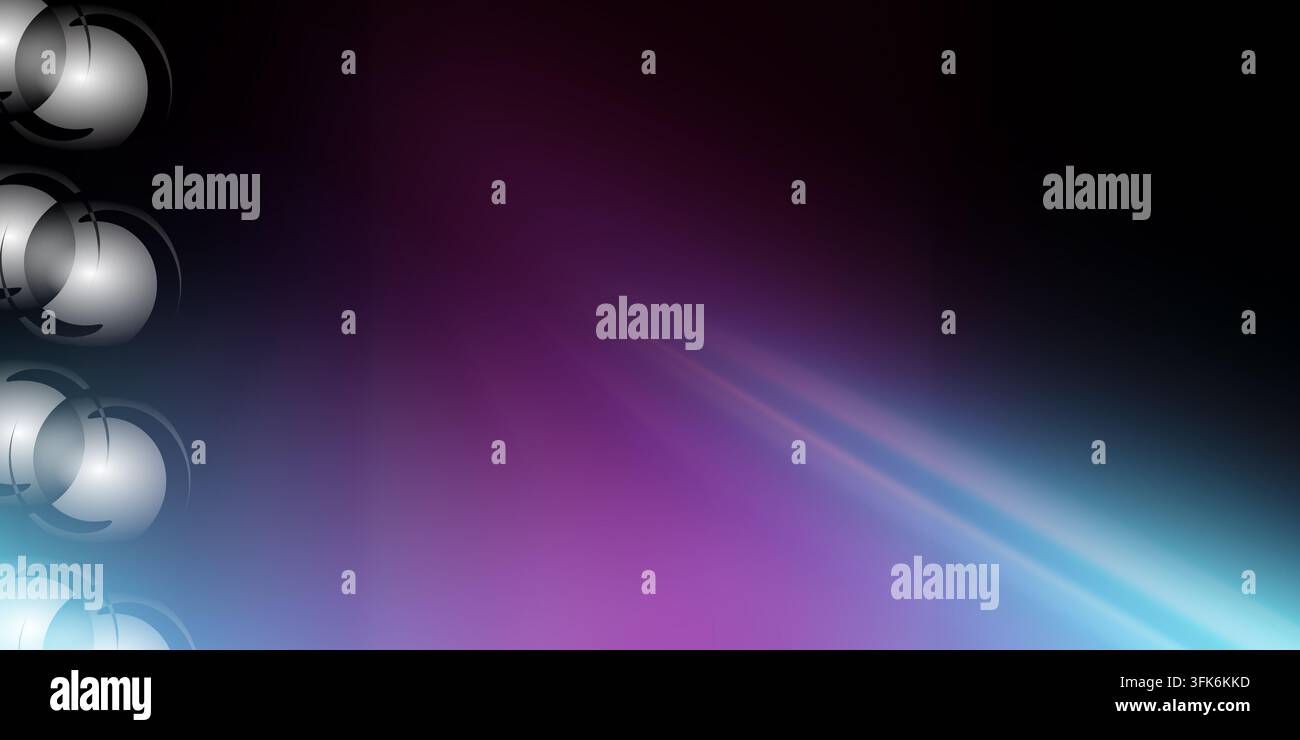 Abstract purple and blue background with glowing circular elements on the left edge and diagonal turquoise light streaks. Stock Photo
