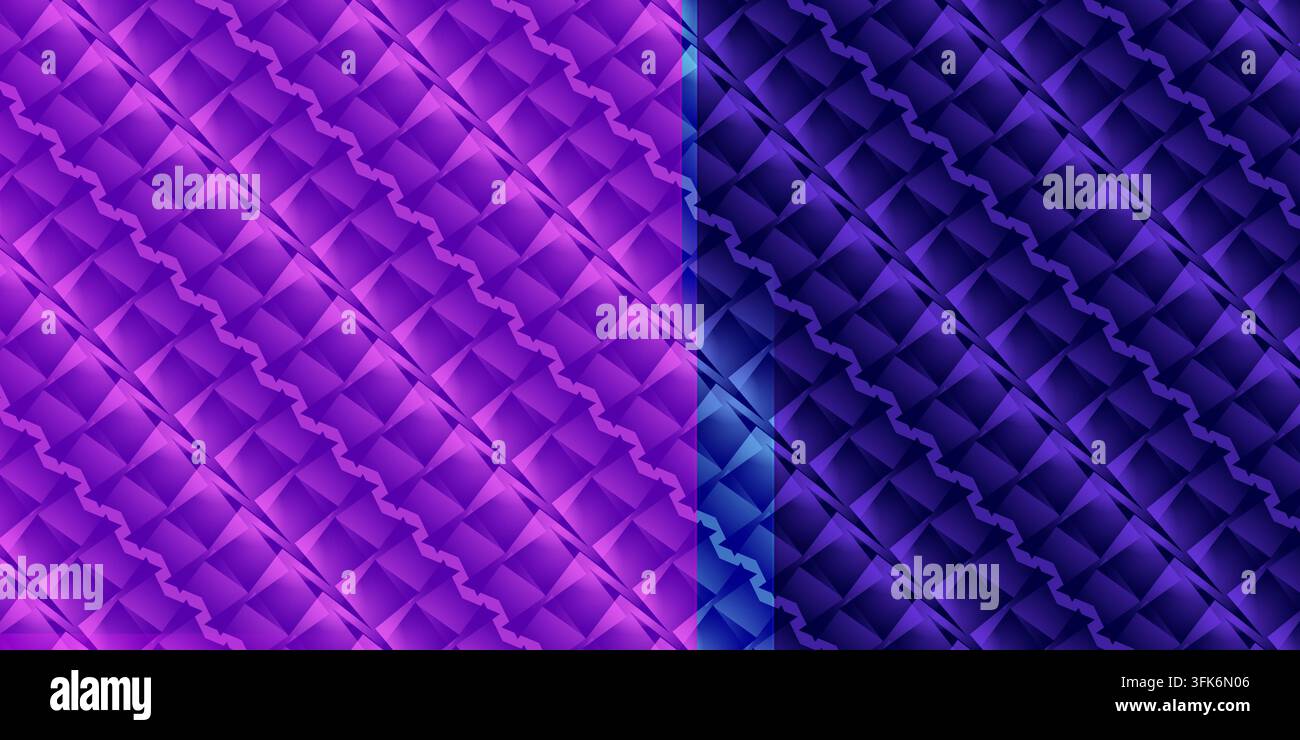 Abstract diagonal geometric pattern transitioning from bright purple to dark blue with glowing highlights and textured metallic facets. Stock Photo