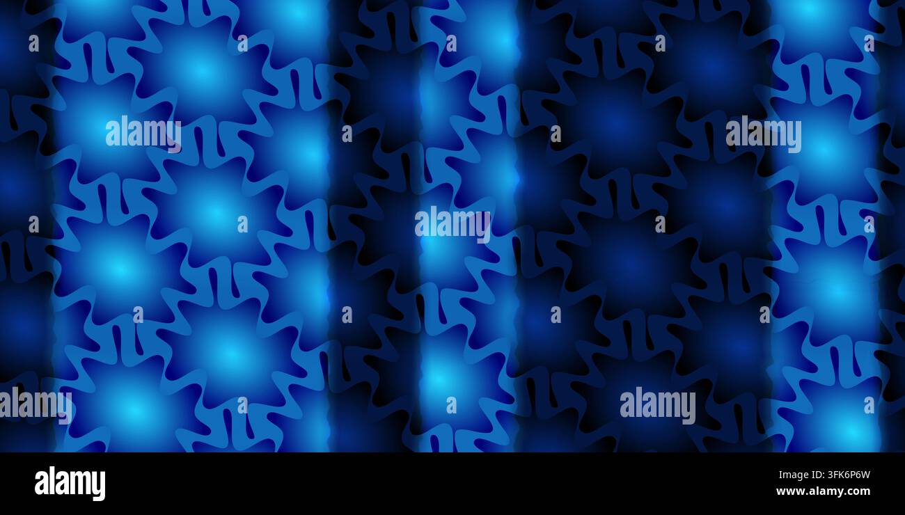 Seamless abstract geometric blue pattern with glowing glowing rounded star shapes and vertical gradient light effects. Stock Photo