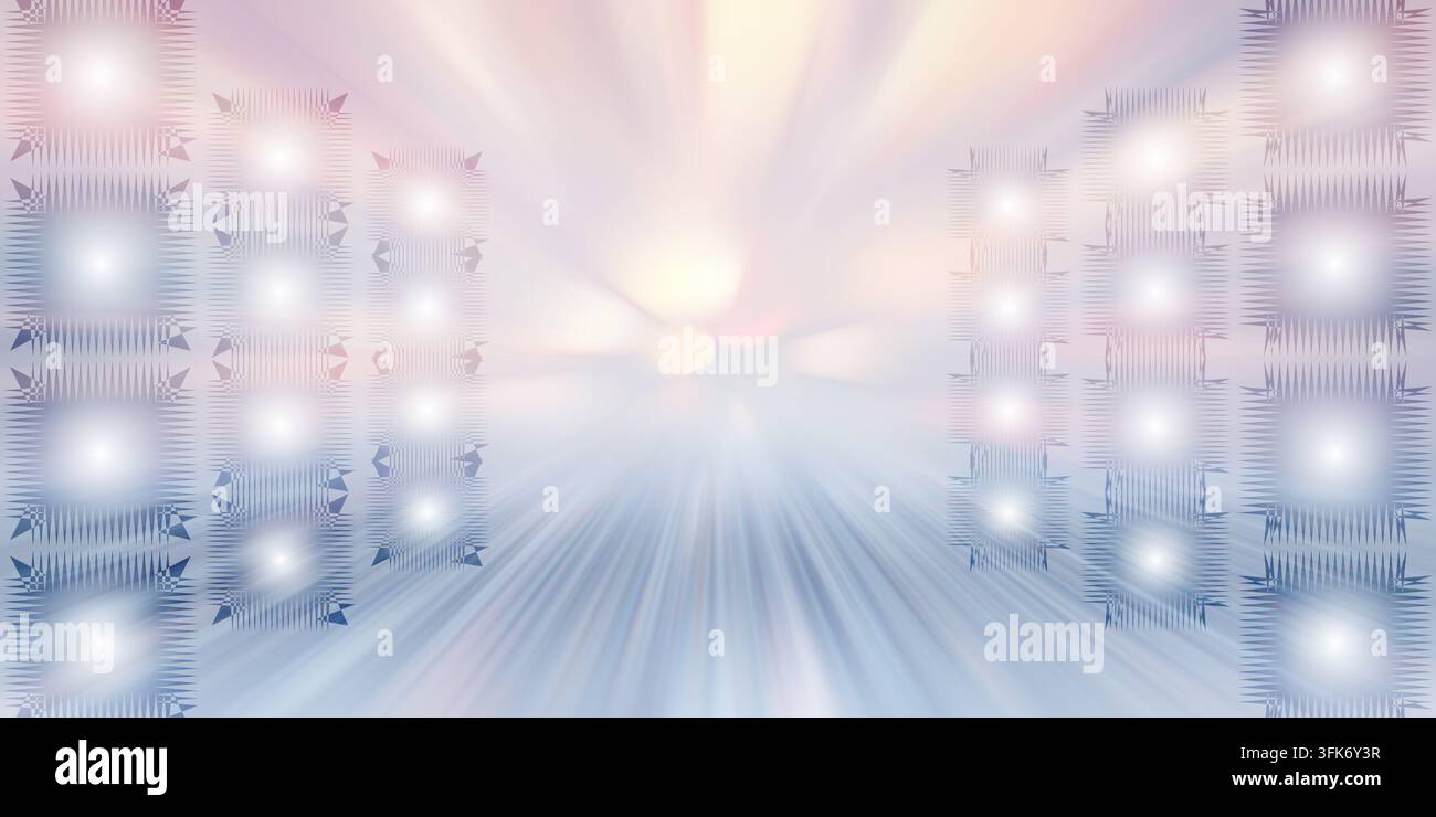 An abstract background featuring glowing square light patterns arranged in columns with a dynamic radial motion blur effect in soft pastel tones. Stock Photo
