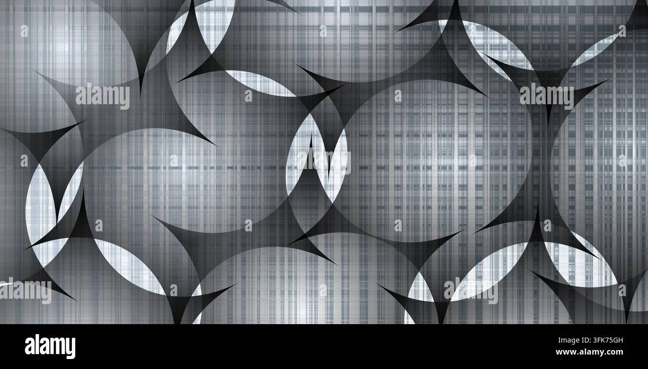 Abstract silver and grey metallic background with overlapping circular patterns and geometric texture Stock Photo