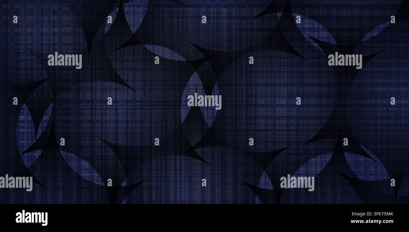 Abstract dark blue geometric plaid fabric textured background with overlapping circles pattern Stock Photo