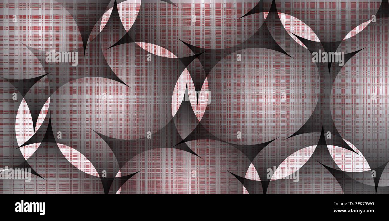 Seamless abstract geometric background featuring interlocking circles and checkered red and white texture Stock Photo