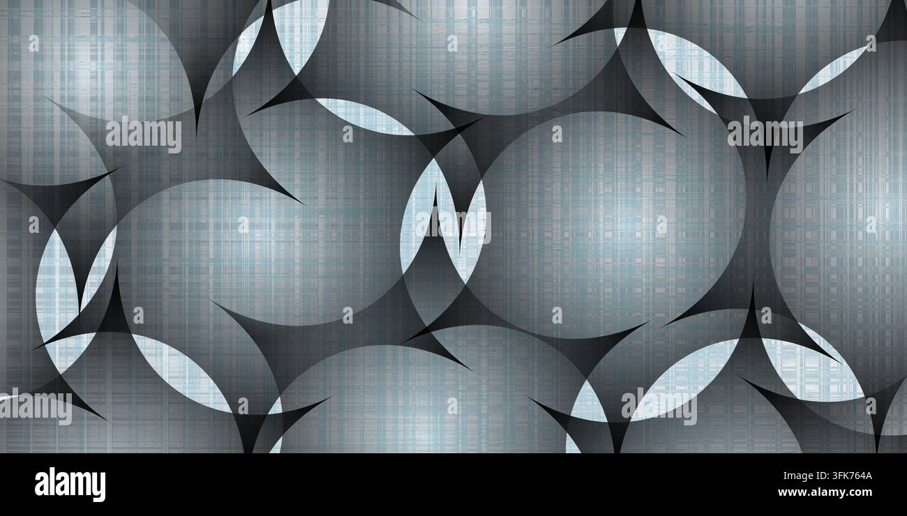 Abstract background featuring intersecting circles and geometric patterns with a silver and gray textured design Stock Photo