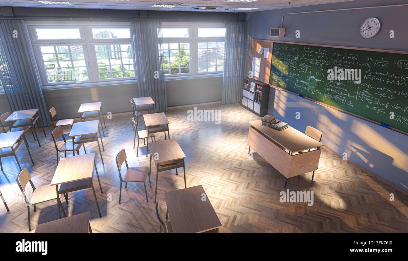 Empty school classroom showing desks 3d Stock Photo