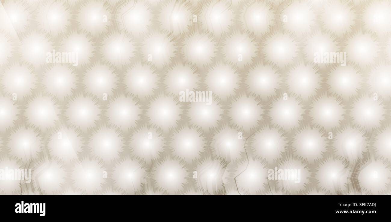 A repeating hexagonal pattern featuring soft, glowing circular light bursts with a textured, spiky edge effect in warm beige tones. Stock Photo