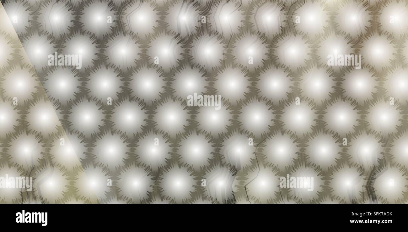 A repeating hexagonal grid featuring bright, glowing starburst or dandelion-like circular motifs with a soft, ethereal light effect and warm neutral h Stock Photo