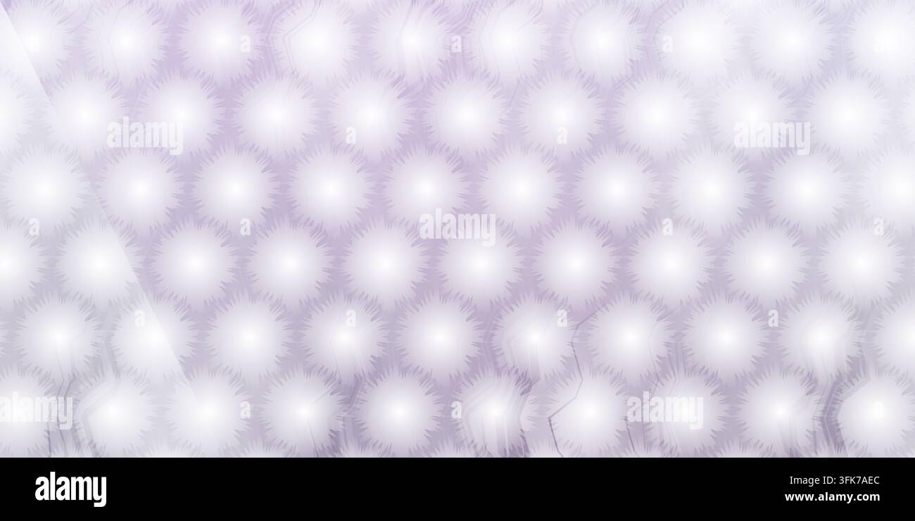 A repeating hexagonal grid featuring bright, glowing starburst or dandelion-like circular motifs with a soft, ethereal light effect in cool lavender t Stock Photo