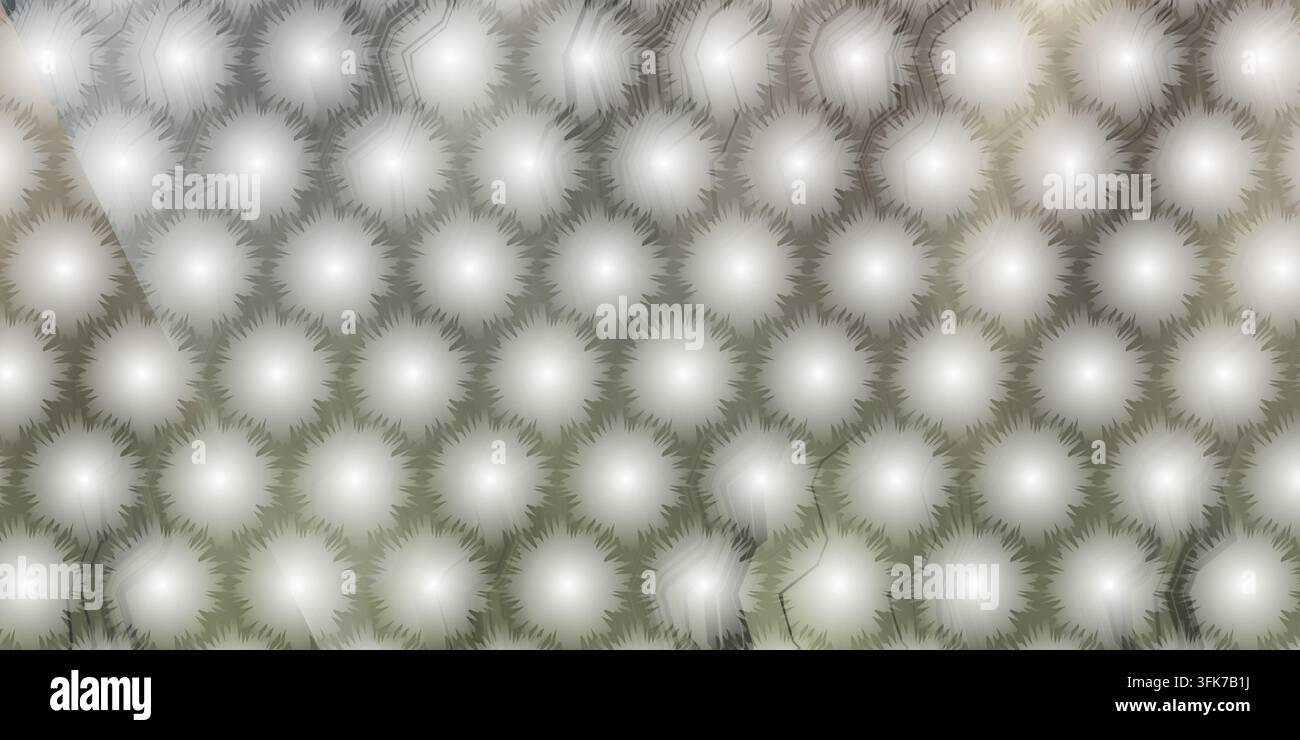 A repeating hexagonal pattern featuring soft, glowing starburst shapes with a subtle grey and beige gradient background. Stock Photo