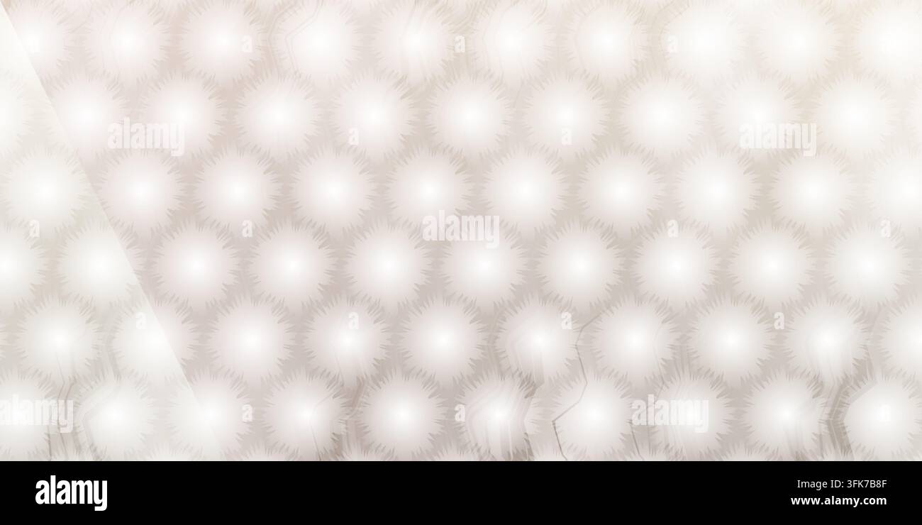 A repeating hexagonal grid featuring glowing white circular orbs with soft, spiked edges, creating a bright, textured, and ethereal visual effect. Stock Photo