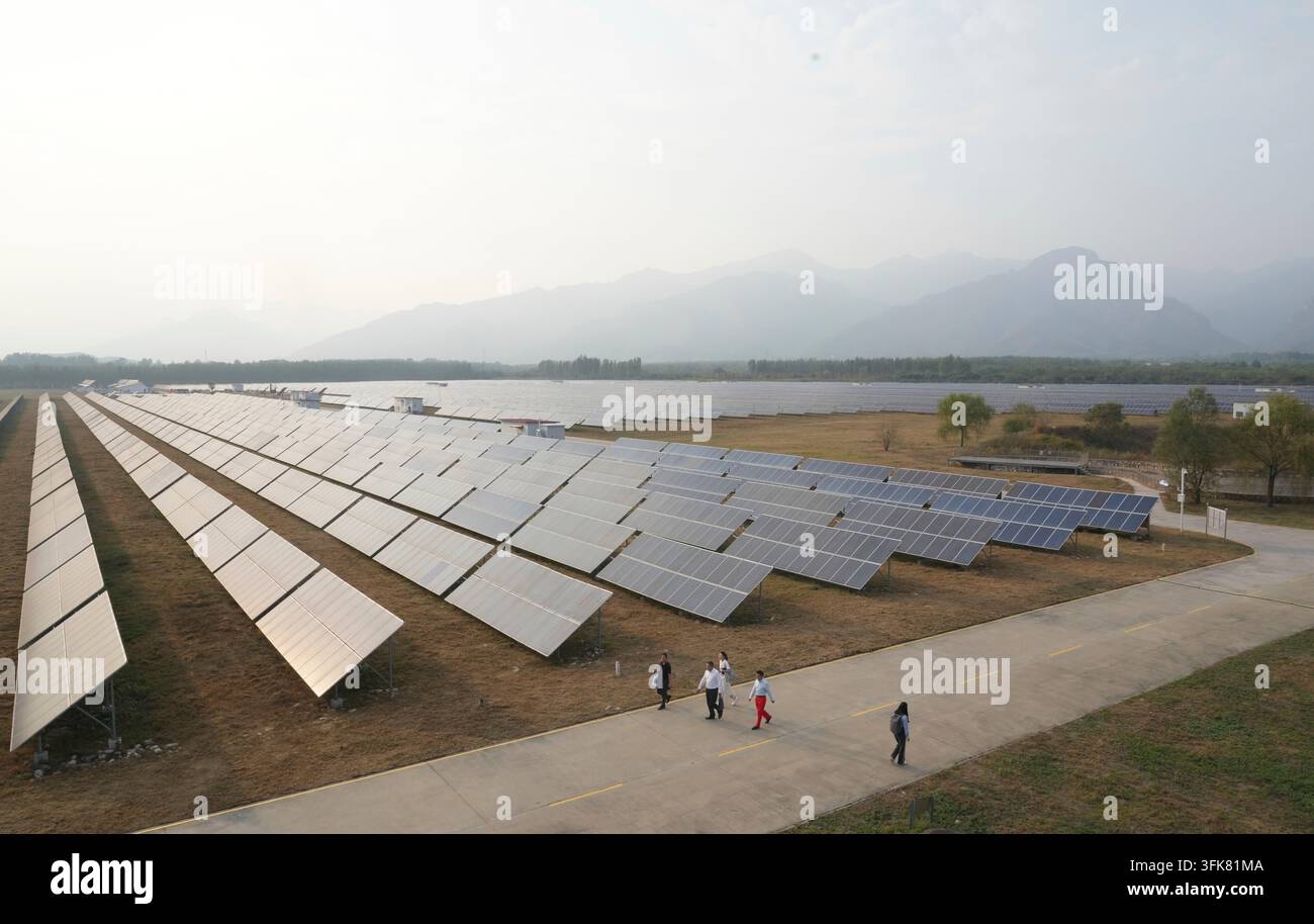 Peoples walk near solar panels at the photovoltaic station Huadian ...