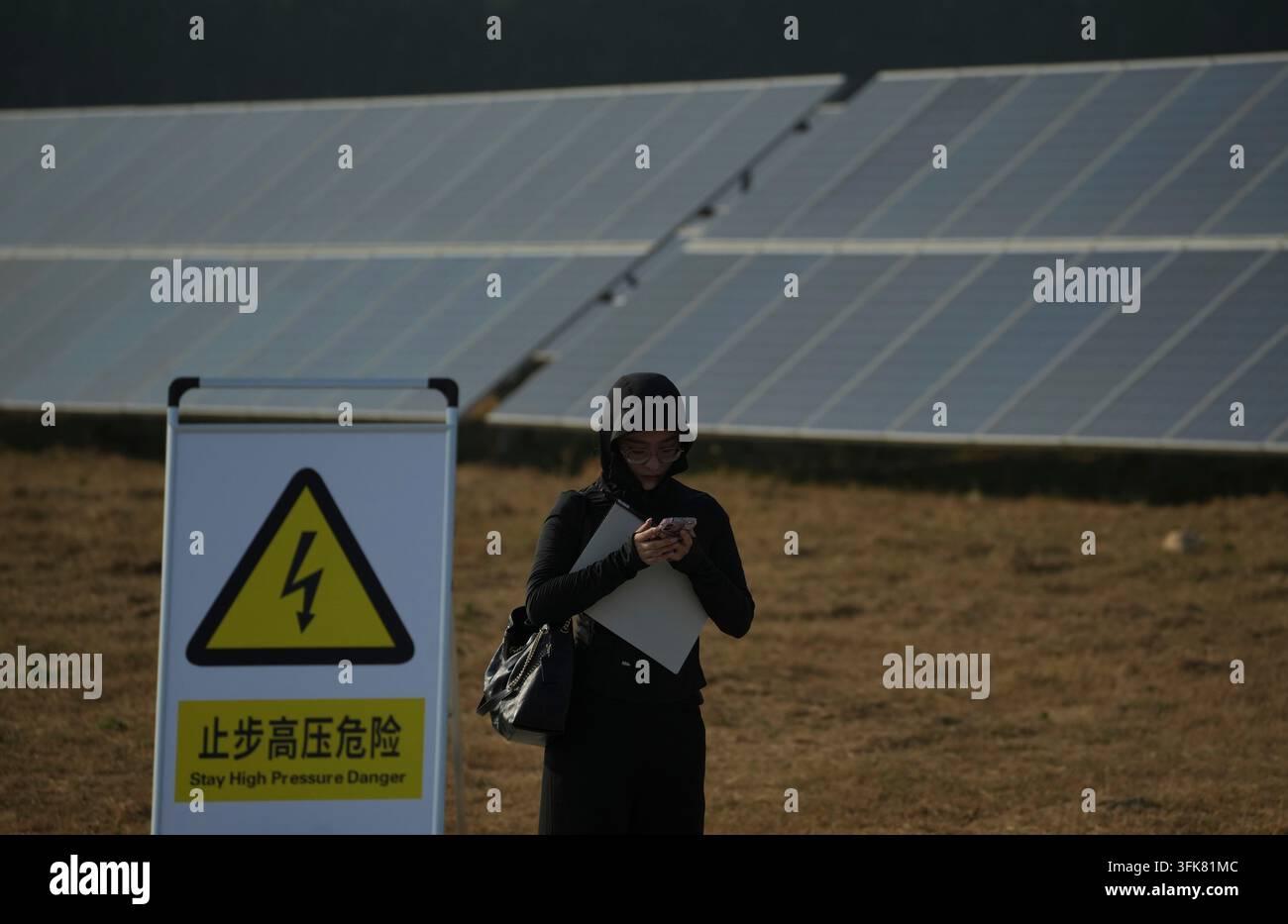 A woman uses her mobile phone near solar panels at the photovoltaic ...