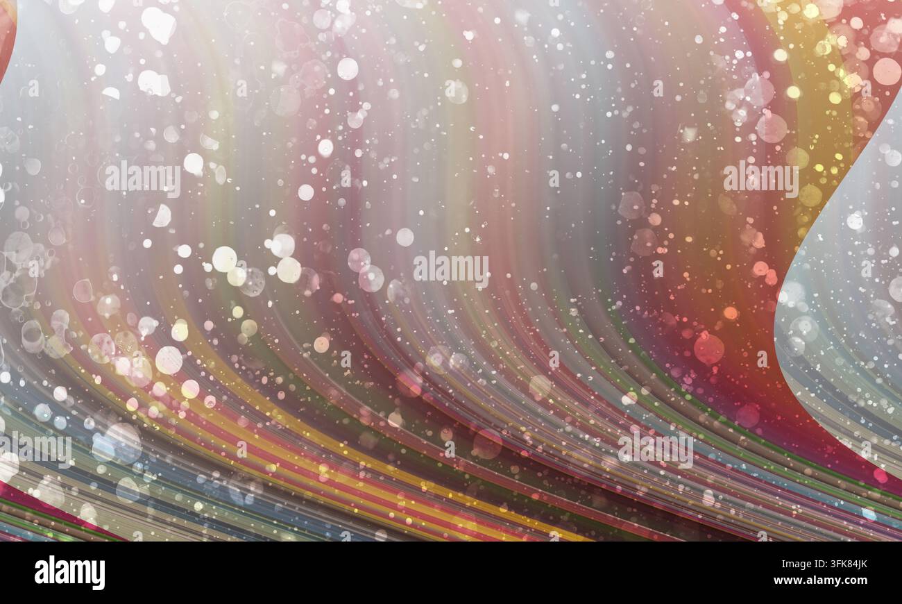 Abstract dynamic background with multicolored swirling stripes and glowing white bokeh particles creating a vibrant, energetic visual effect. Stock Photo
