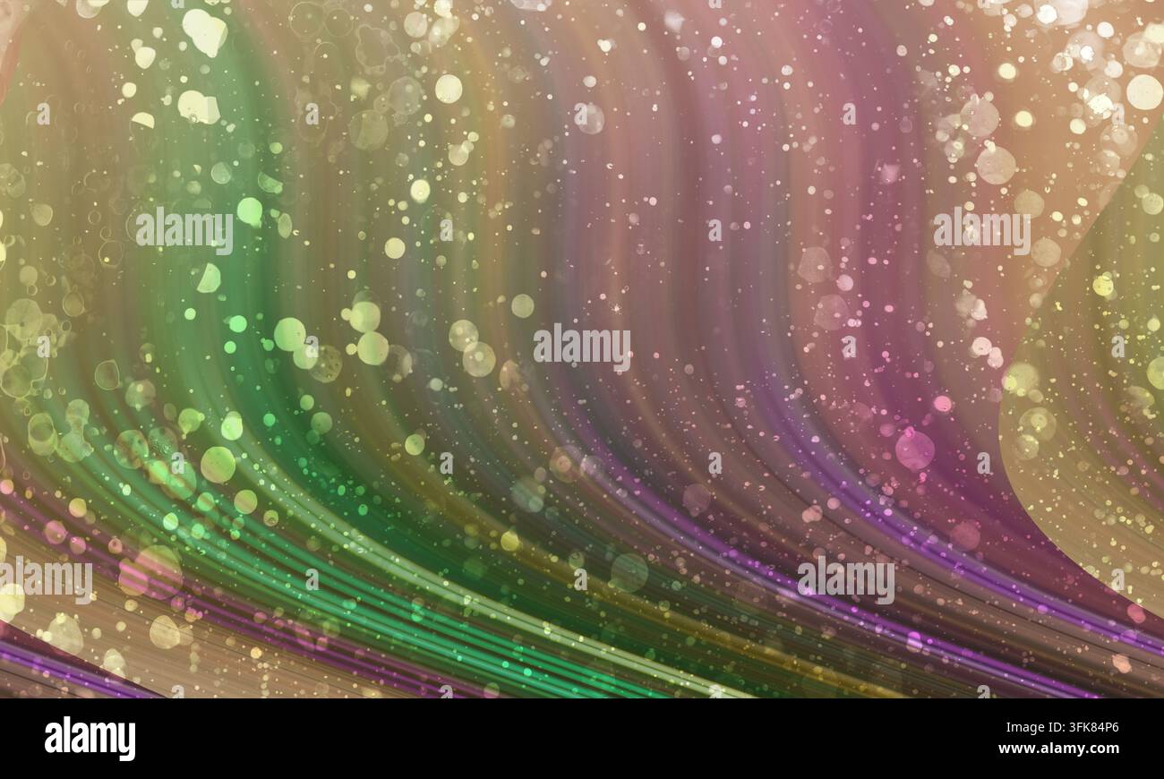 A vibrant abstract background featuring smooth, flowing vertical waves in purple and green tones, accented by shimmering golden bokeh light particles. Stock Photo