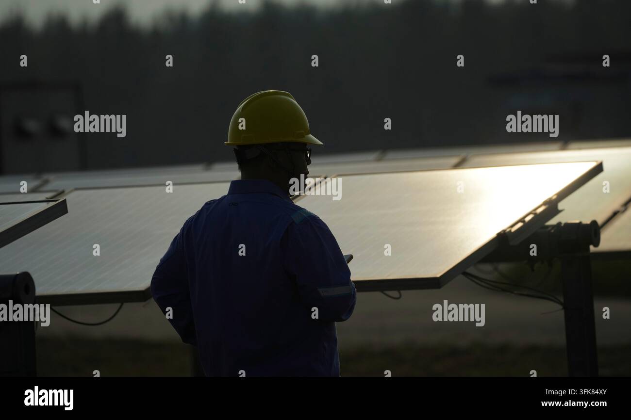 A worker stands near solar panels at a photovoltaic power station ...