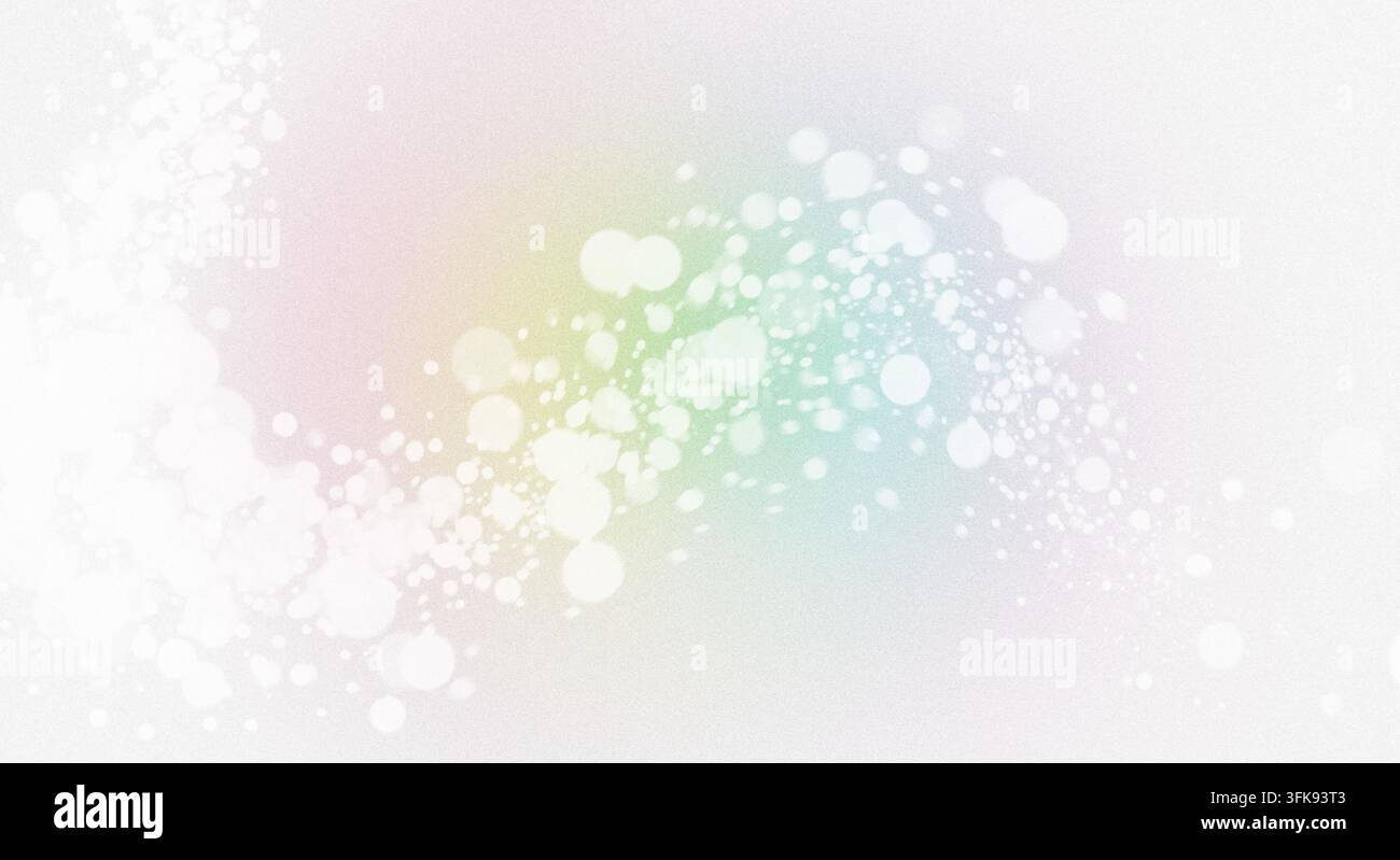 Abstract white spray paint texture with bokeh dot elements on a soft pastel rainbow gradient background with grainy texture. Stock Photo