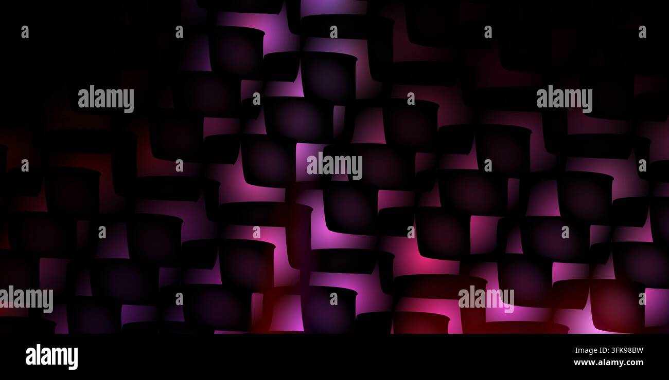 An abstract dark background showing interlocking rectangular shapes with striking bright magenta glowing spots shining through from underneath. Stock Photo