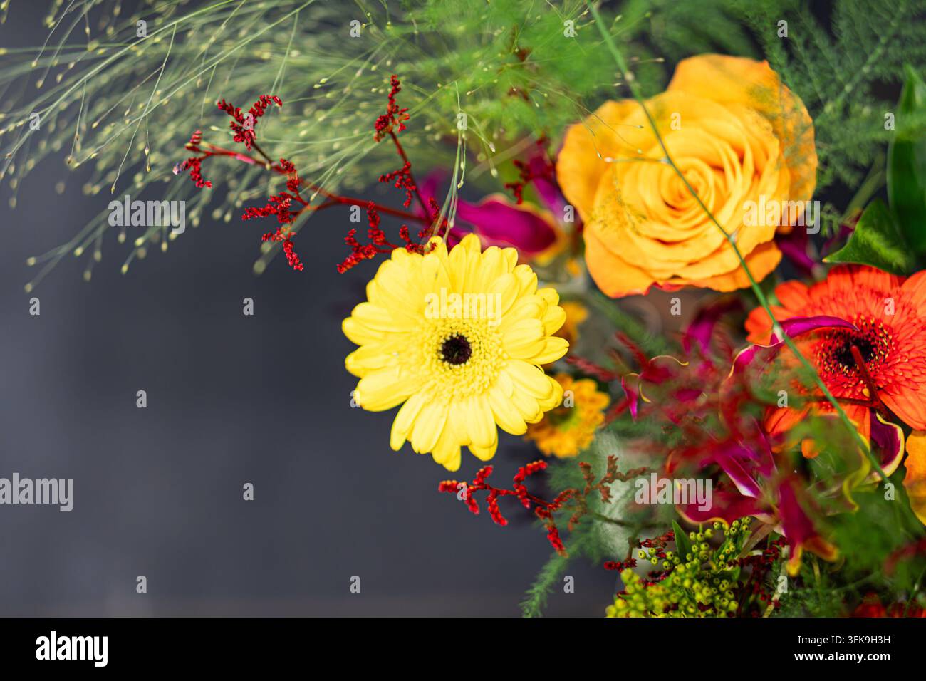 Bright Red Html Floral arrangement featuring bright yellow gerbera daisy, orange rose ...