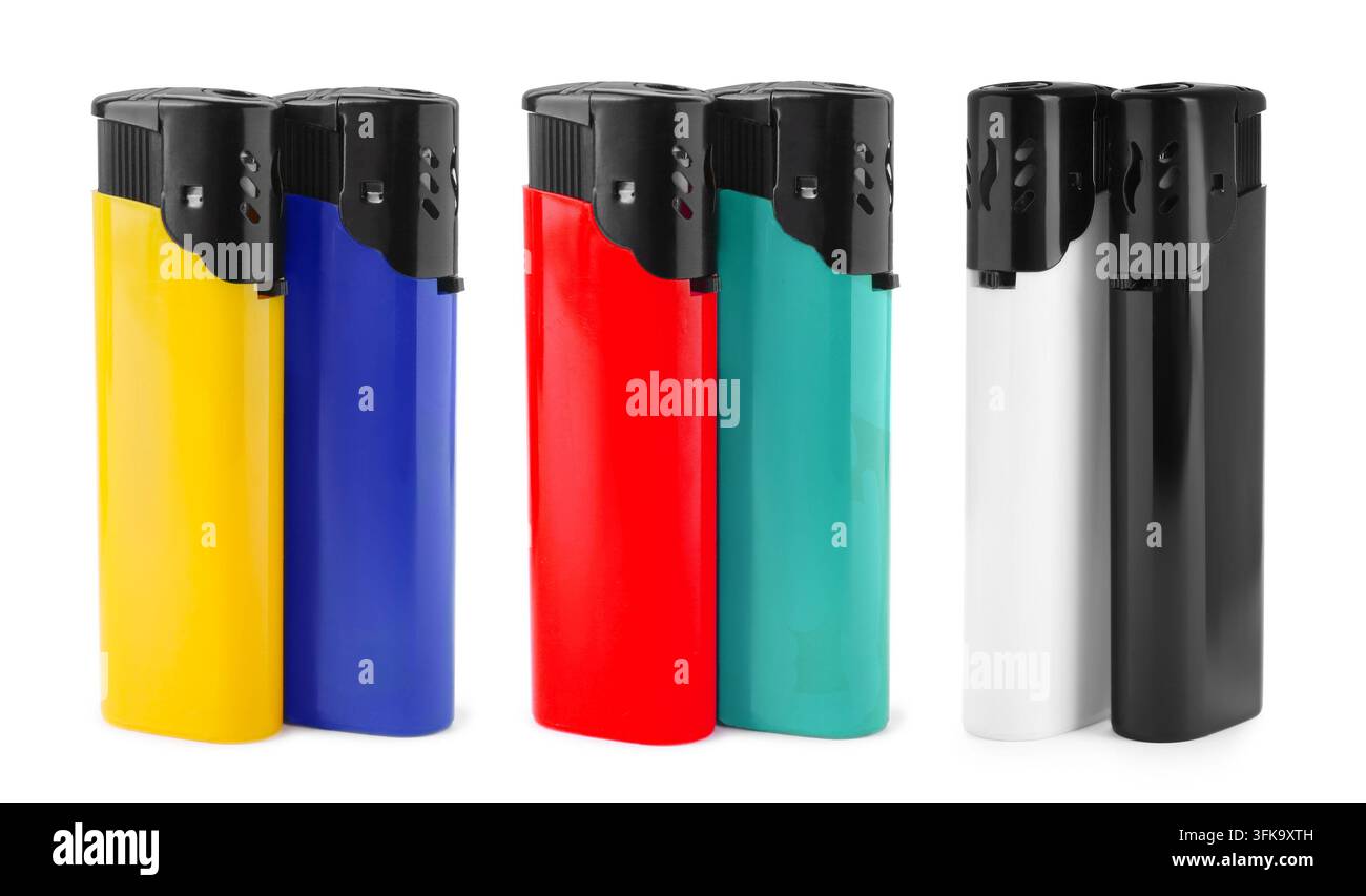 Lighters in various colors isolated on white, set Stock Photo