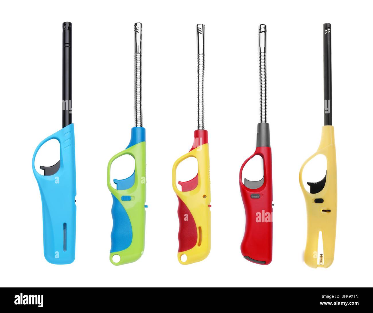 Different utility lighters isolated on white, set Stock Photo