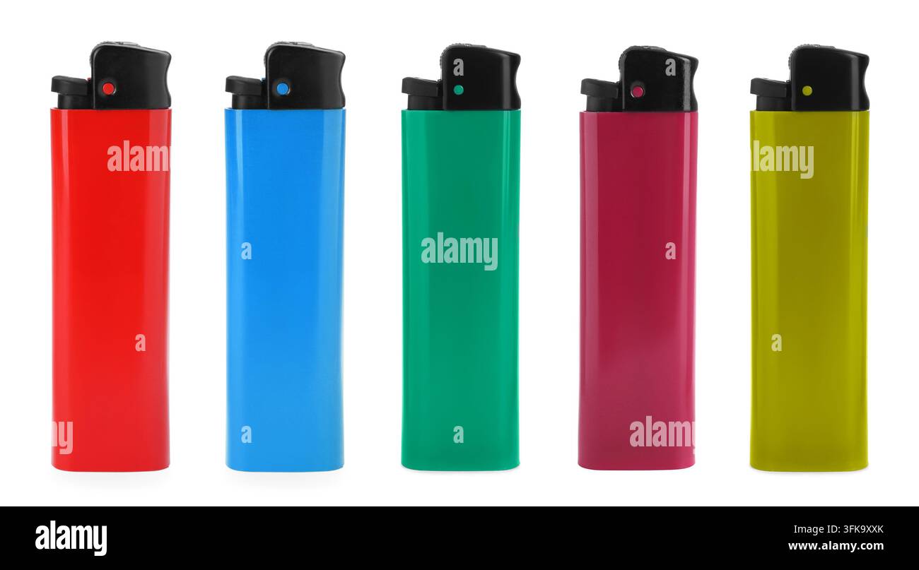 Lighters in various colors isolated on white, set Stock Photo