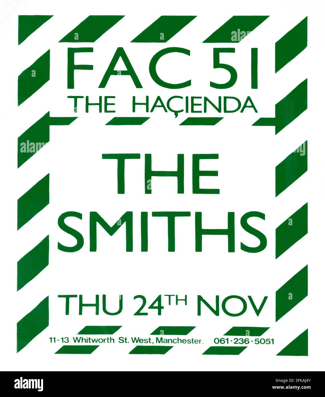 Original-style flyer for The Smiths at Manchester’s Haçienda on 24 November 1983, with James supporting during the band’s early rise. Stock Photo