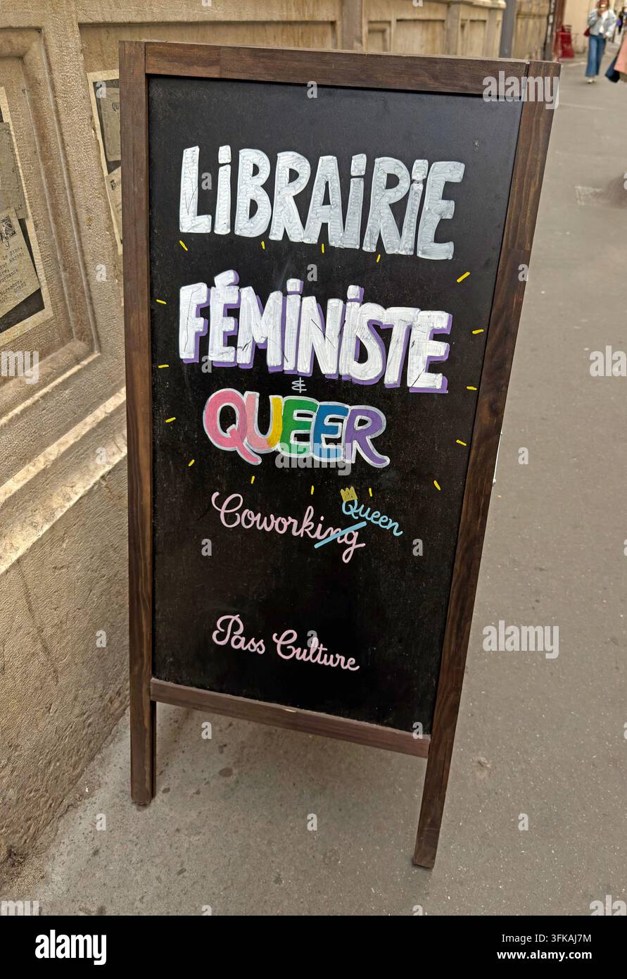 Pavement sign for Librairie à soi.e in Lyon, advertising an independent feminist and queer bookshop in the city centre. Stock Photo
