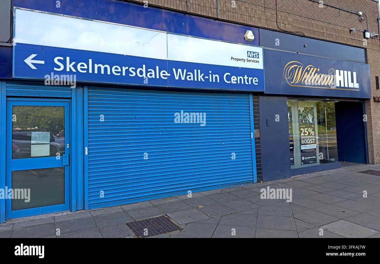 Skelmersdale Walk-in Centre at The Concourse beside William Hill, contrasting community urgent healthcare with high-street betting retail. Stock Photo
