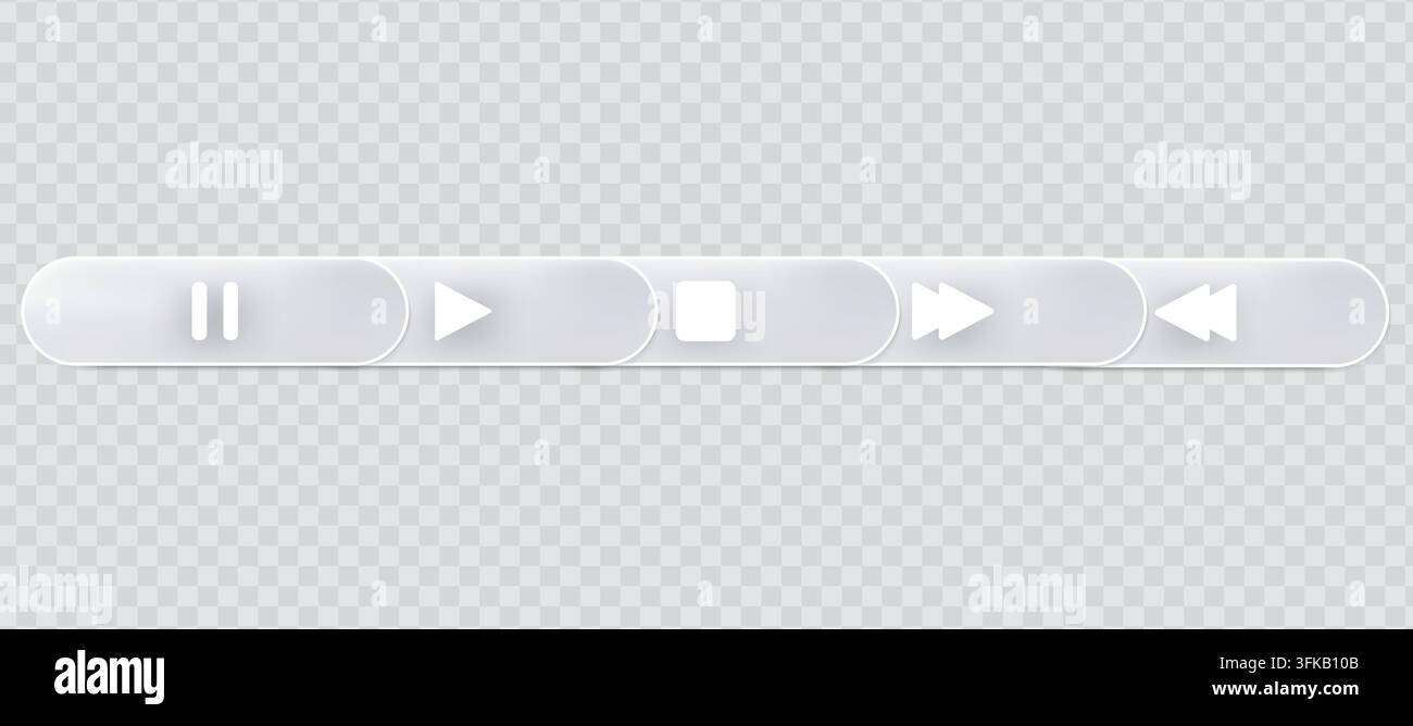 Sleek and modern user interface element with rounded rectangular buttons and white media control symbols set against a checkered backdrop. Stock Vector