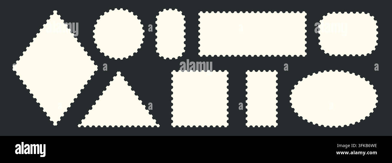 Various postage stamp frames collection. Different wavy scallop post borders set for mail, postcard, letter. Jagged edge forms for poster, banner, badge, sticker, emblem, postmark, card. Vector bundle Stock Vector