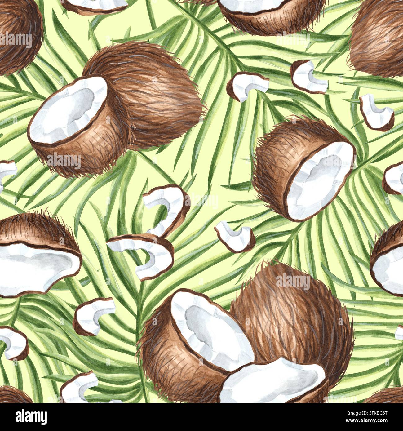 Coconut whole and cracked with leaves watercolor seamless pattern ...