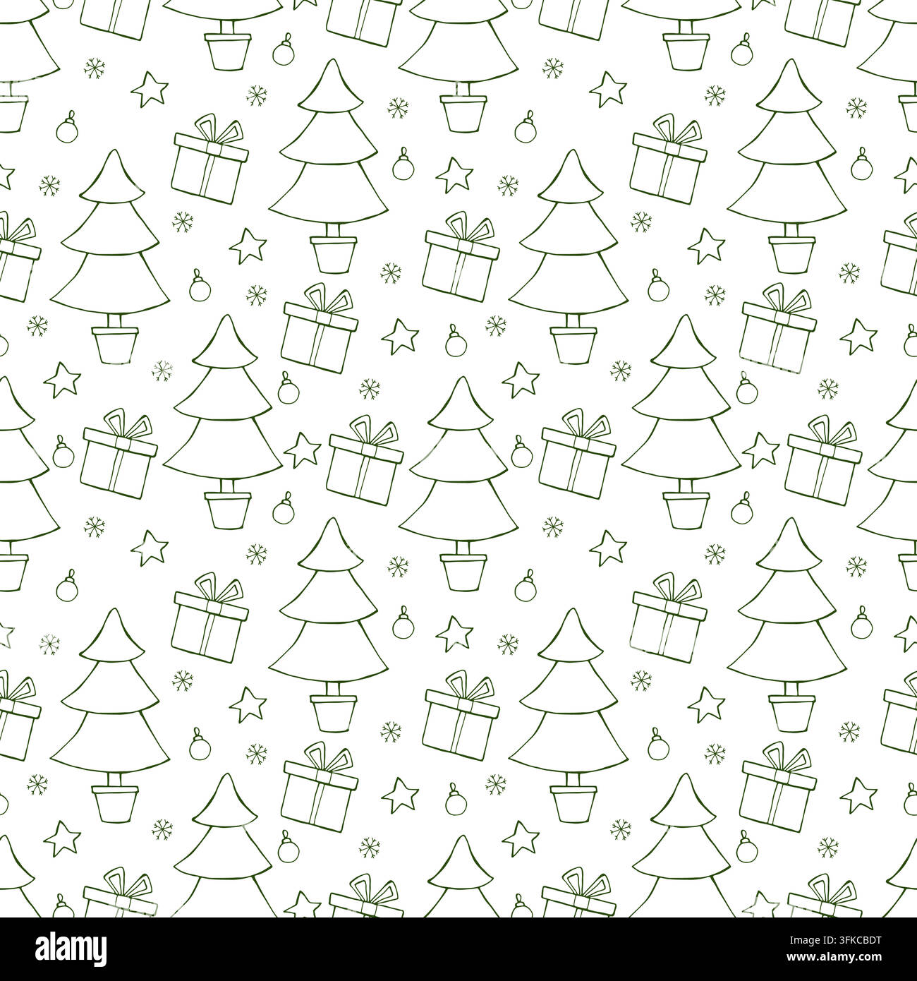 Hand drawn Christmas seamless pattern with christmas tree, gifts, christmas balls. Stock Vector