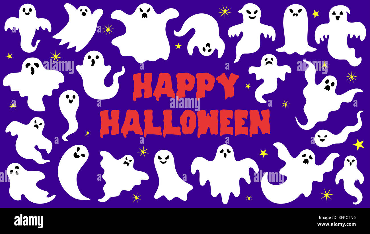 Happy Halloween Banner with White Ghosts Pattern on Purple Vector Illustration Stock Vector
