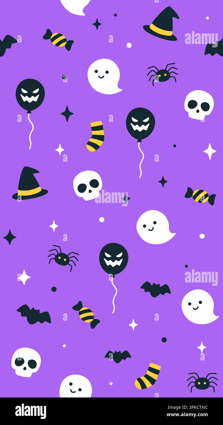 Halloween Pattern with Ghosts Skulls Balloons Bats and Witch Hats Vector Illustration Stock Vector
