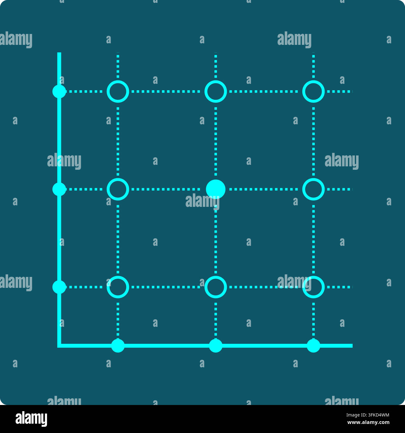 Cartesian Product icon: two sets of points on perpendicular axes linked by a dashed grid, each crossing marked as one ordered pair combination Stock Vector