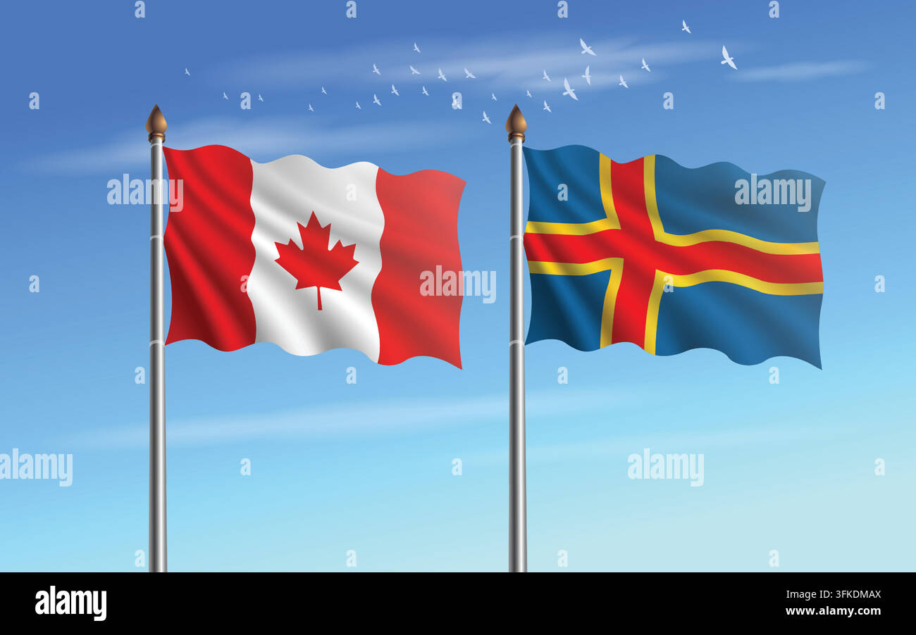Canada and Aland Islands flags relation with sky backgrund Stock Vector