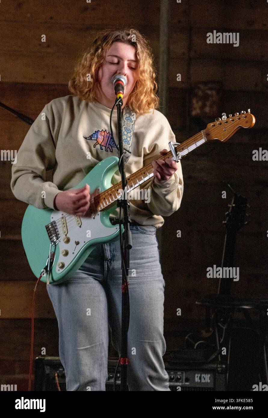 Open mike and jamming night at the Slate Barn arts venue in Sweffling a Suffolk village.  A real barn with electricity but no mains water or sewerage. Stock Photo