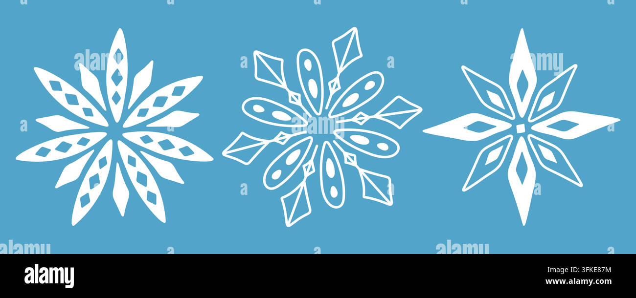 Minimalist white snowflakes set on blue background for Christmas design Stock Vector