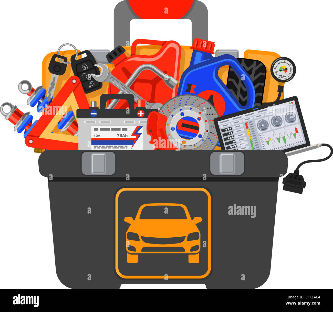 Auto Service Concept with Car tools and toolbox in hand car mechanic flat Icons. Isolated vector illustration. Stock Vector