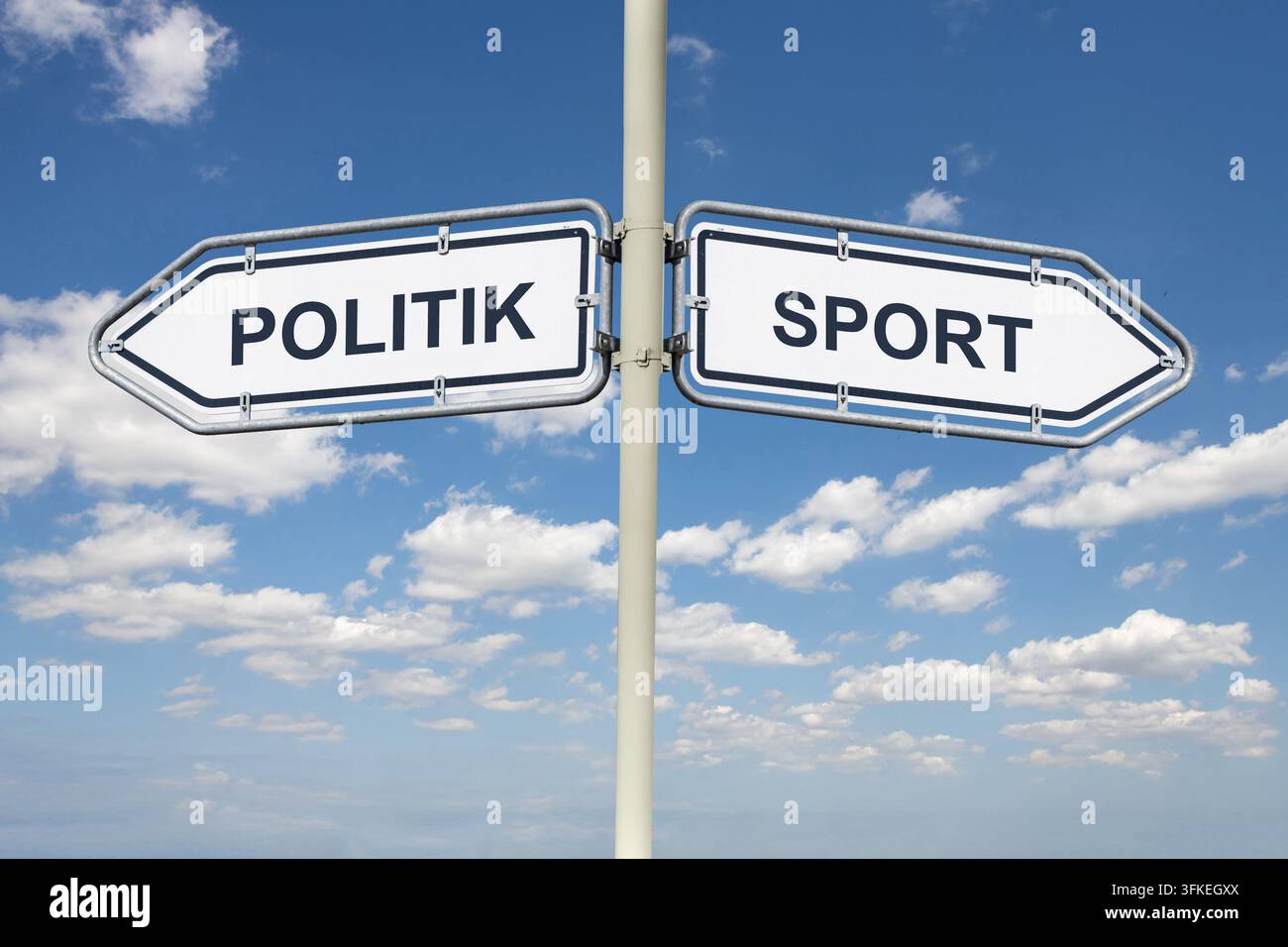 (Photomontage) Directional arrows bearing the words SPORT and POLITIK point in opposite directions Stock Photo