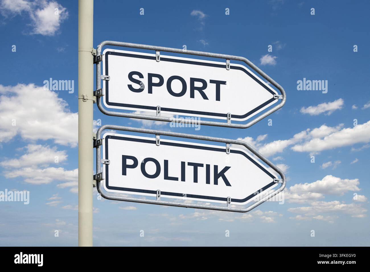 (Photomontage) Directional arrows bearing the words SPORT and POLITIK point in the same direction Stock Photo